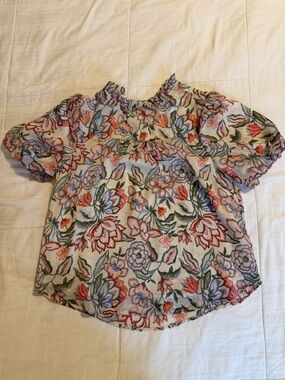LOFT Cream Floral Ruffle Neck Blouse